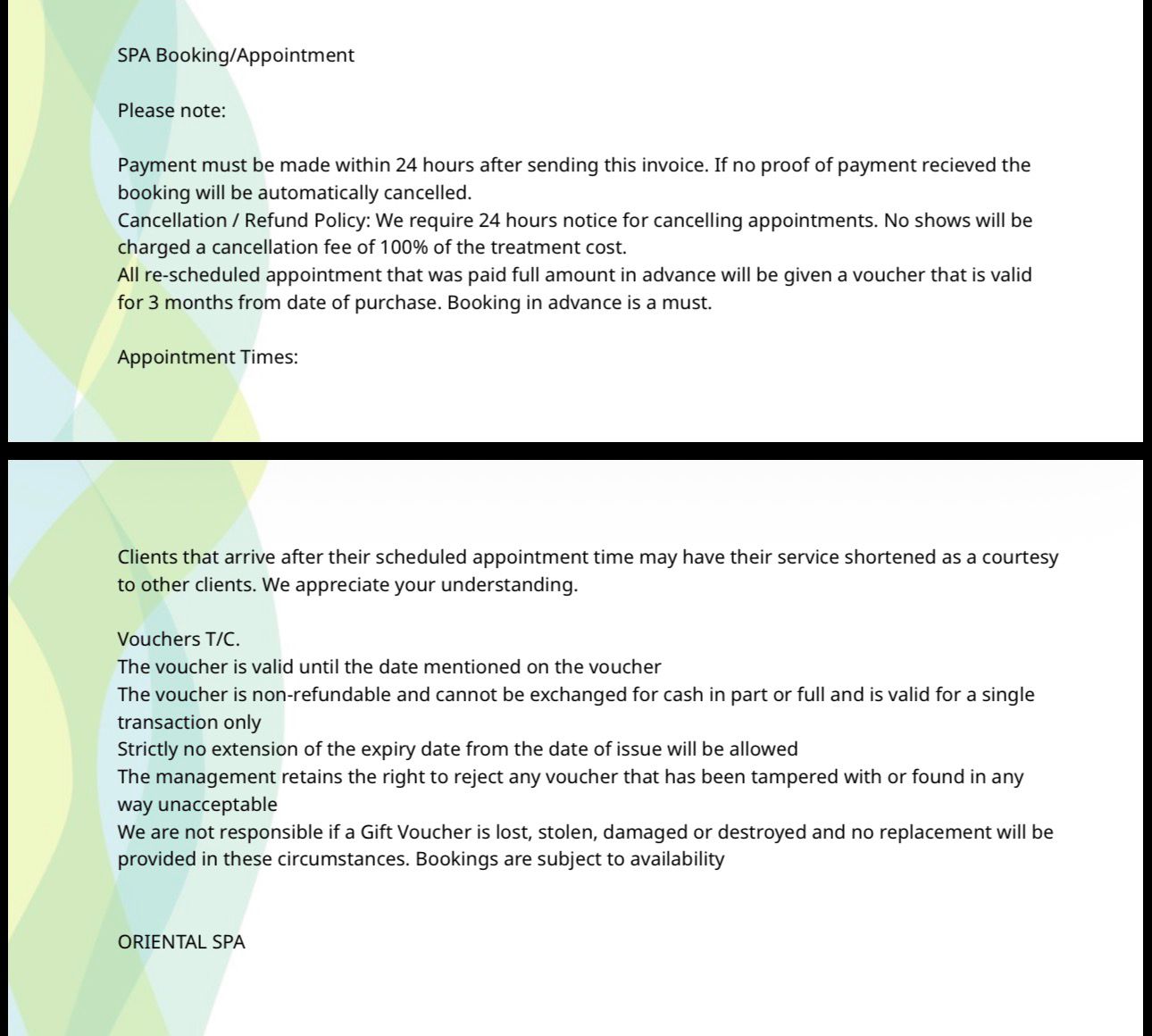 Oriental Spa — Booking, Cancellation, Refund and Voucher Policy