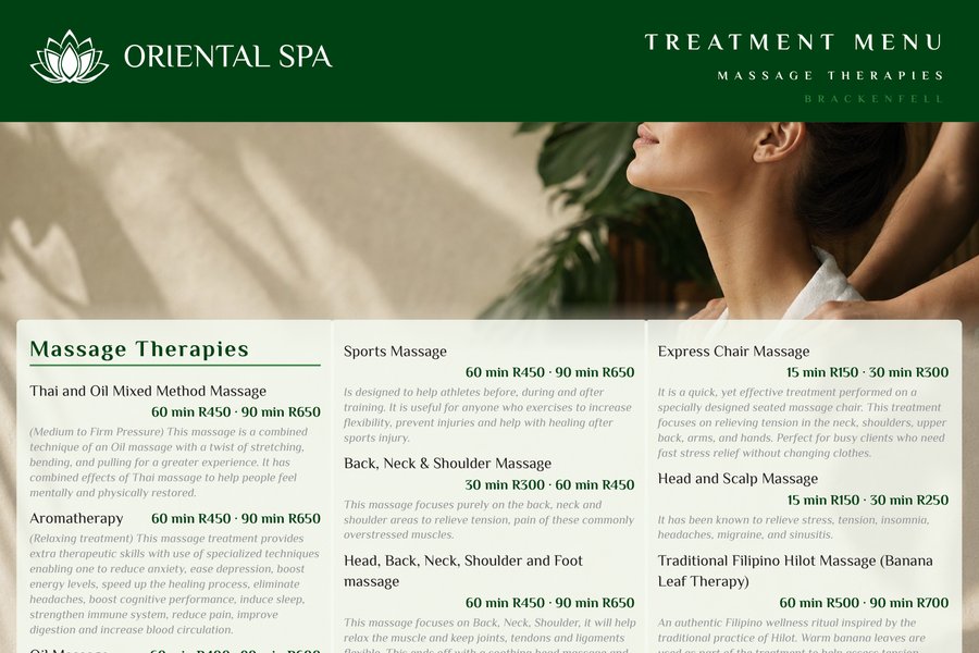 Oriental Spa Brackenfell treatment menu — A3 poster, first side