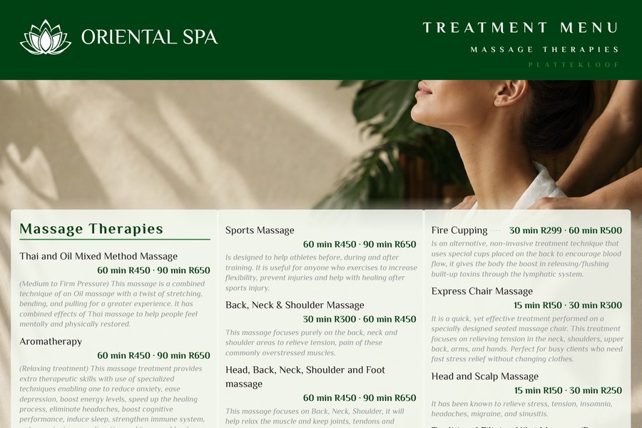 Oriental Spa Plattekloof treatment menu — A3 poster, first side