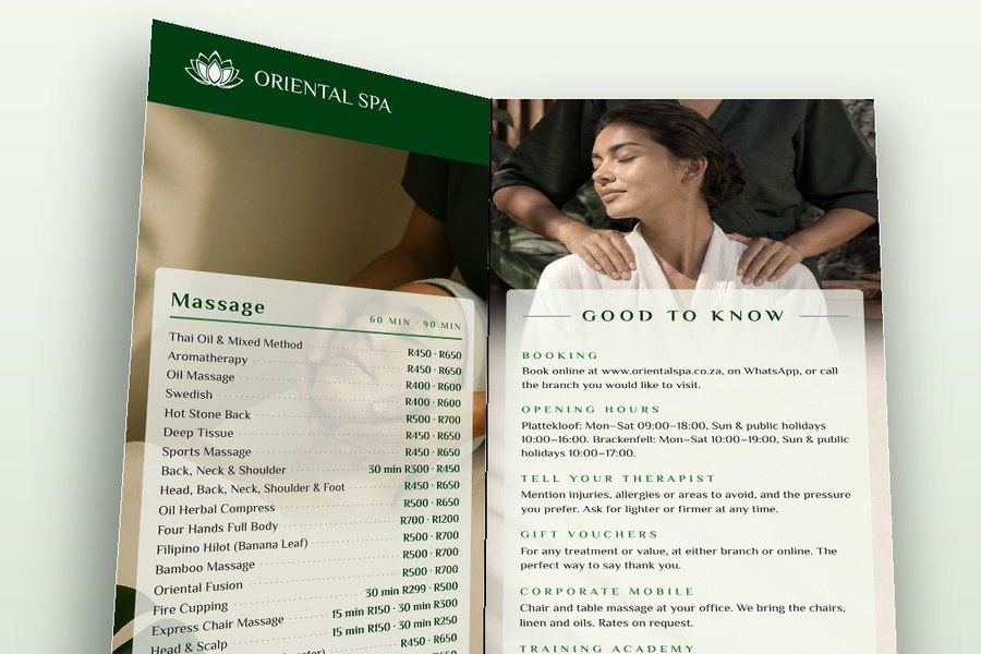 Oriental Spa Brackenfell spa menu — the tri-fold opened